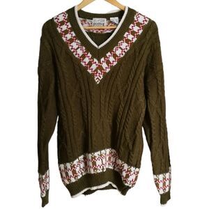 𝅺VINTAGE Fair Isles Green V Neck Cable Chunky Knitted Wool Sweater Size Medium